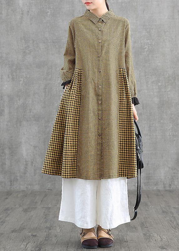 Oversize patchwork cotton Dresses Wardrobes Tunic Tops yellow plaid Dress