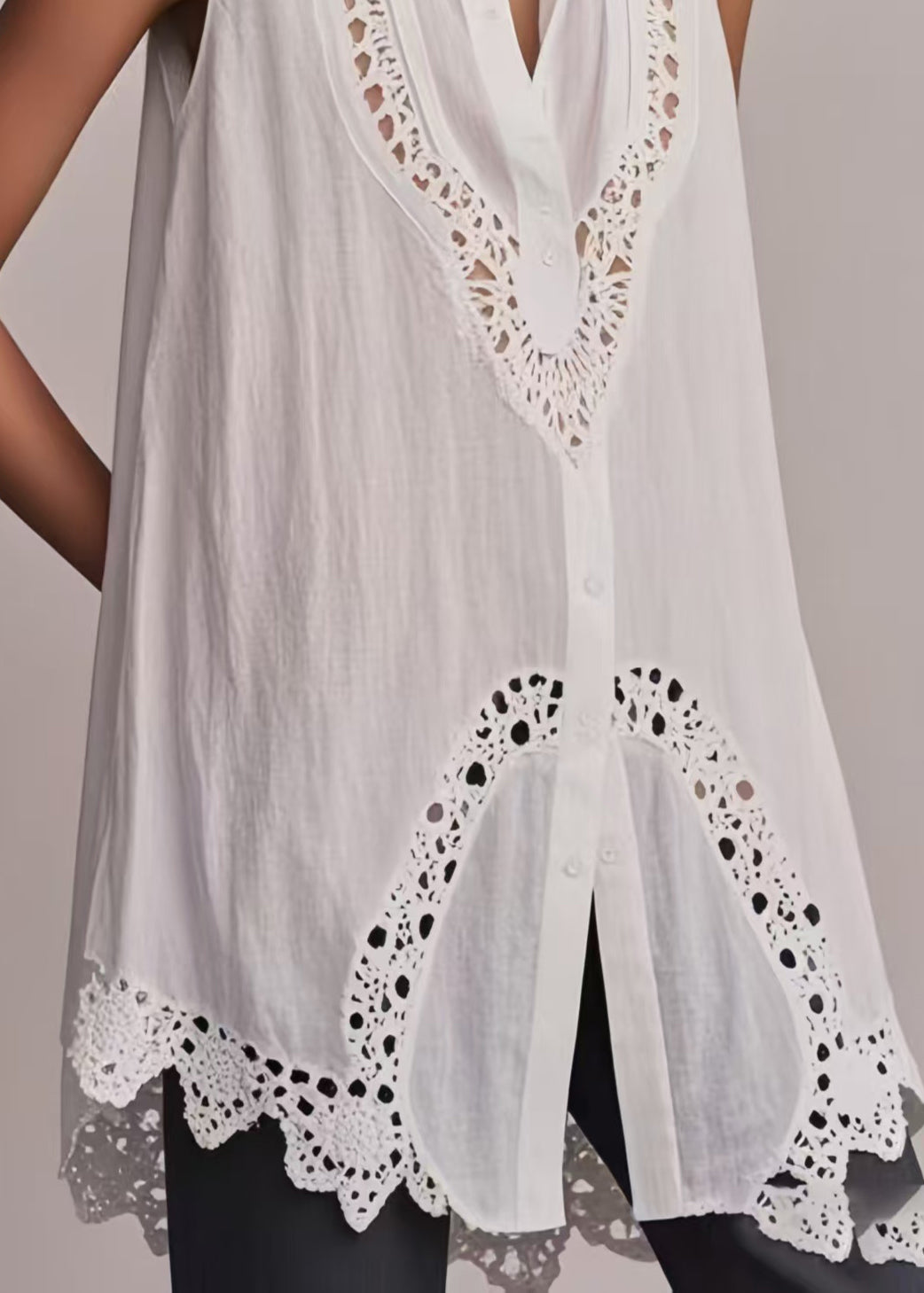 Fashion White Hollow Out Cotton Long Vest Sleeveless