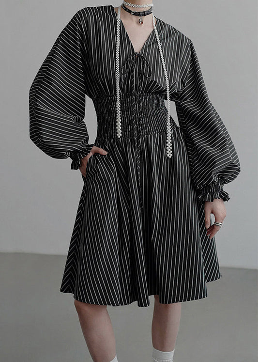 French Black V Neck Striped Pockets Cotton Mid Dress Fall