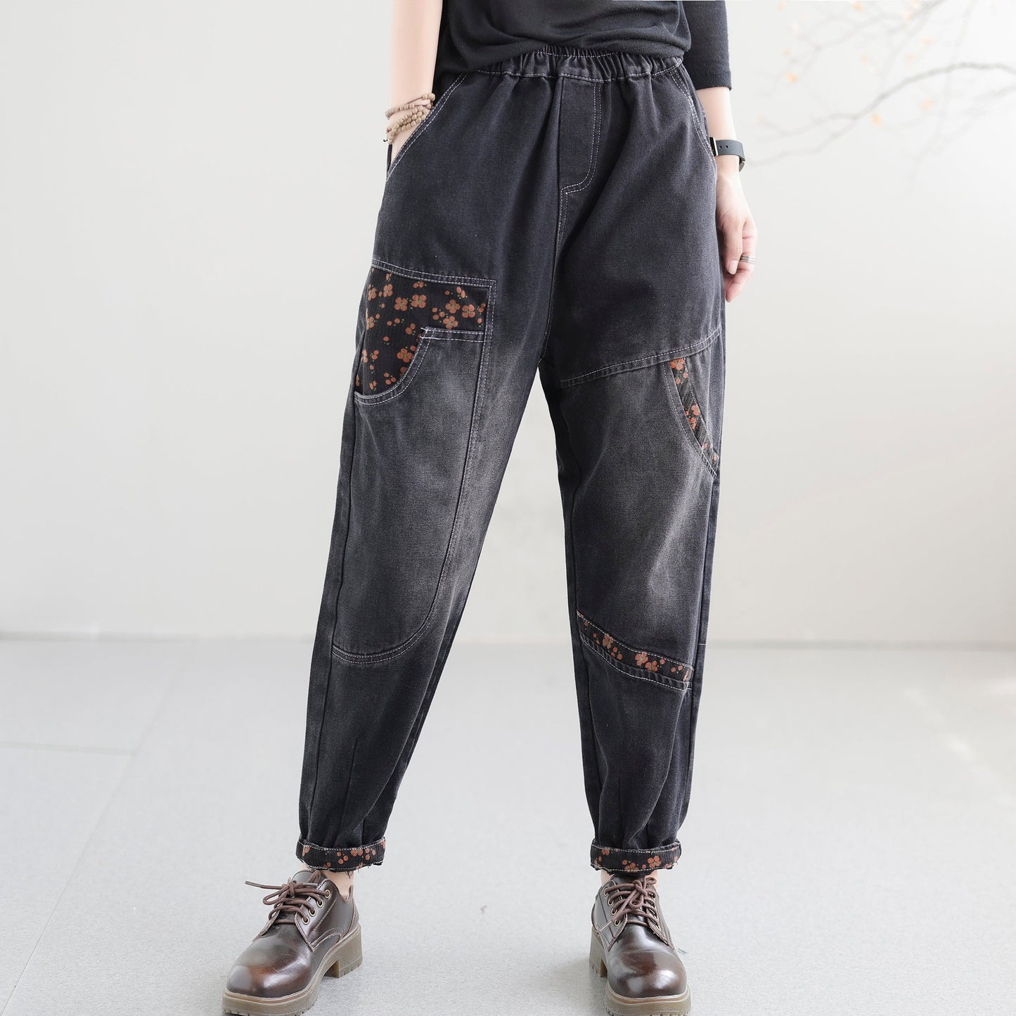 Women Autumn Loose Retro Patchwork Cotton Jeans