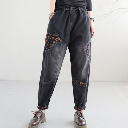Women Autumn Loose Retro Patchwork Cotton Jeans