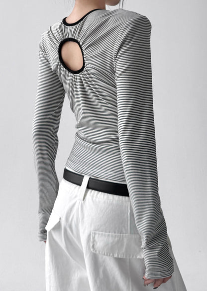 Stylish White O Neck Striped Hollow Out Cotton T Shirt Tops Fall