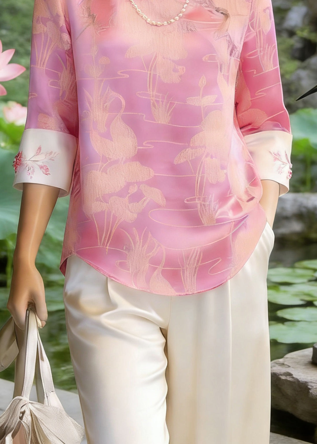 Chinese Style Pink O-Neck Print Silk T Shirt Three Quarter Sleeve