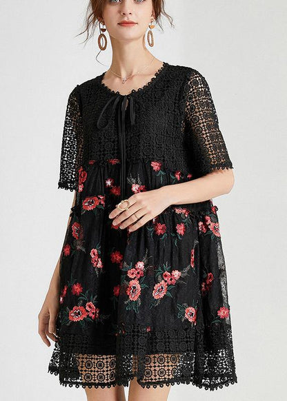 Women Black Embroidery Lace Bow Summer Dress