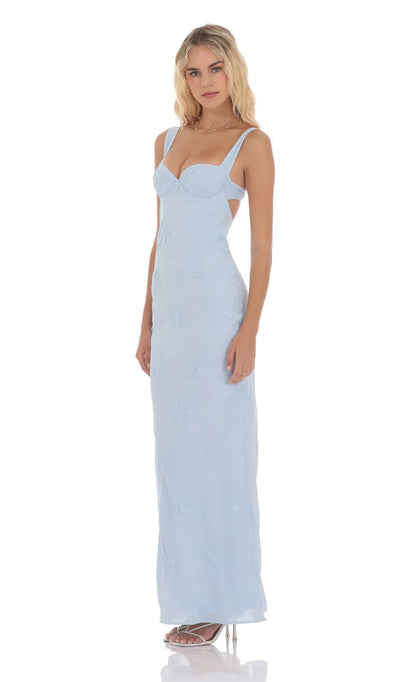 Floral Open Back Mermaid Maxi Dress in Light Blue