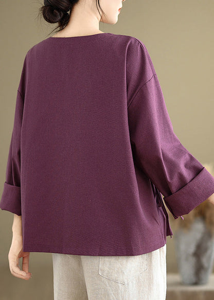 Vintage Purple Oversized Tie Waist Linen Shirts Spring