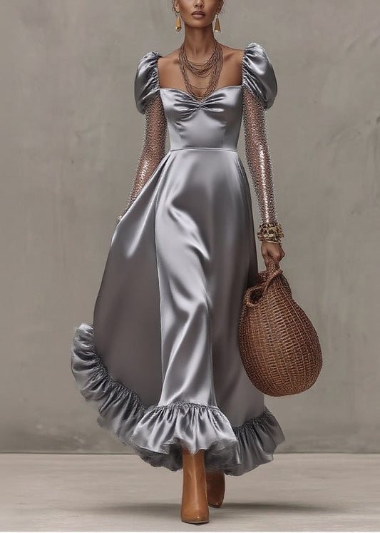 Style Silvery Puff Sleeve Patchwork Tulle Exra Large Hem Party Dress