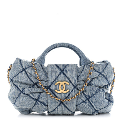 Washed Denim Quilted Mini Bow Bag Blue