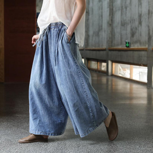 Plus Size - Casual Drawstring Blue Denim Wide Leg Pants