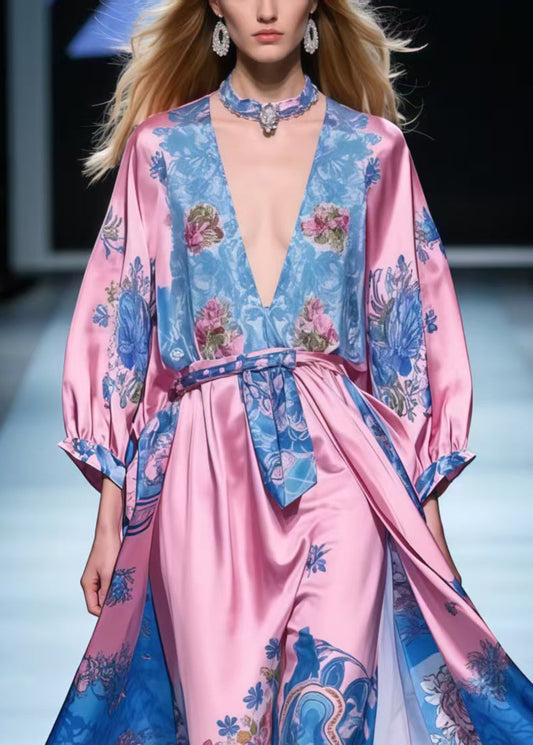 Beautiful Rose V Neck Print Silk Maxi Dresses Spring