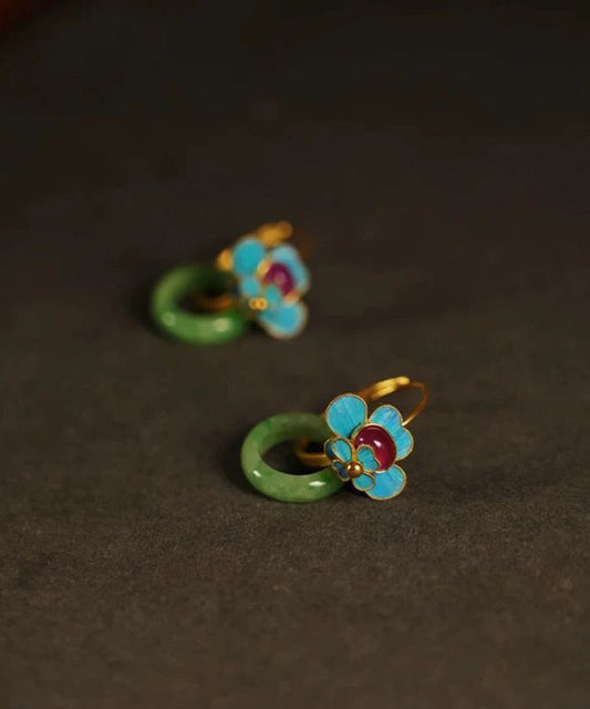 Beautiful Green Sterling Silver Overgild Jade Enamel Ping Buckle Hoop Earrings