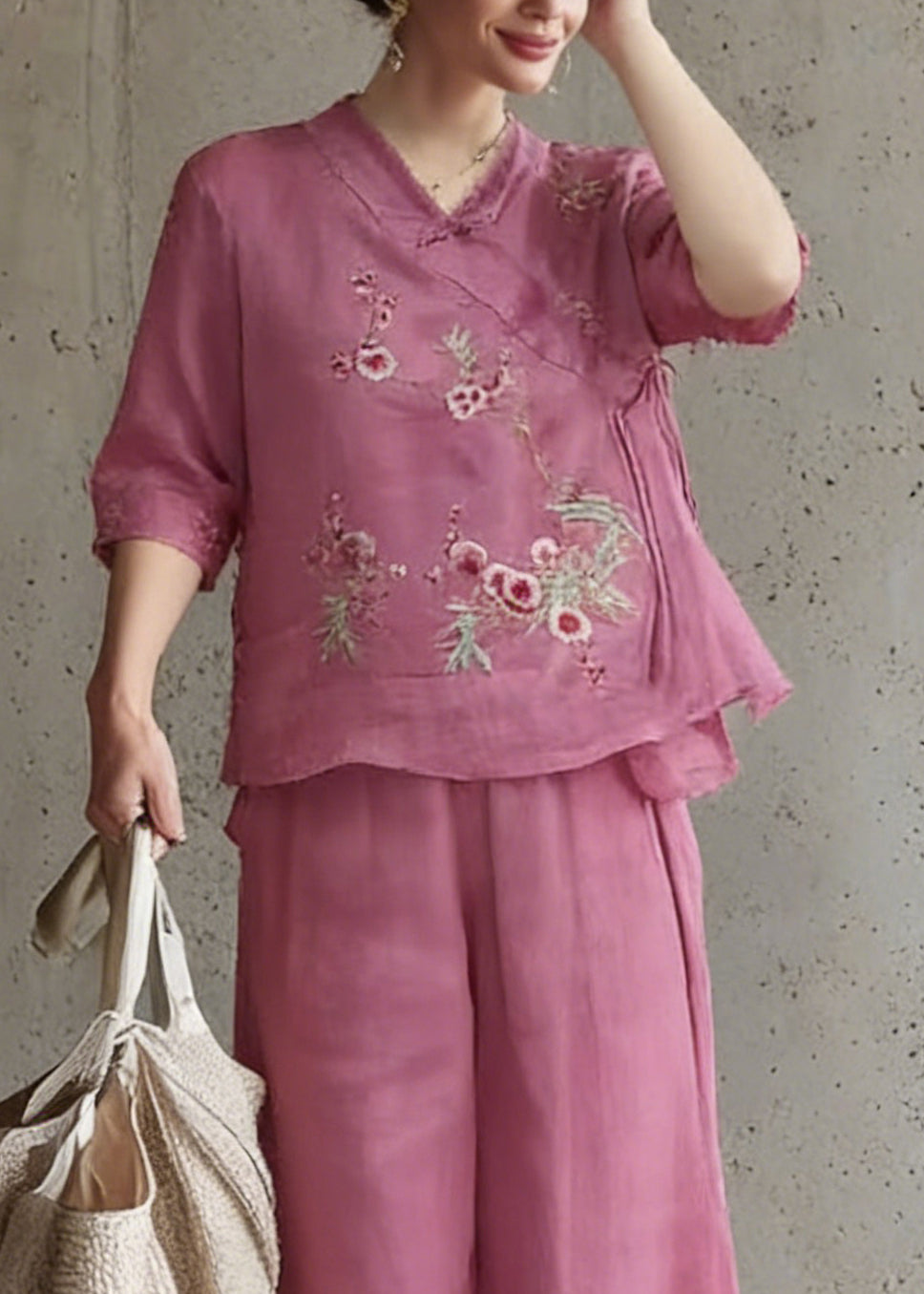 Vintage Rose Embroidered Tie Waist Top And Wide Leg Pants Two Pieces Set Half Sleeve