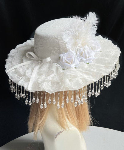 Original White Rose Pearl Tassel Lace Feather Cloche Hat