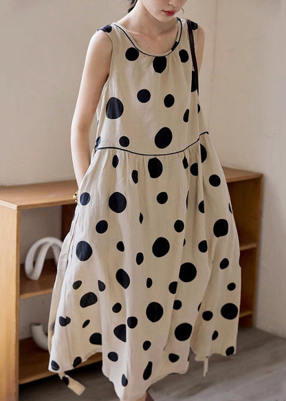 Elegant Khaki Dot Pockets Tie Waist Cotton Long Dress Sleeveless