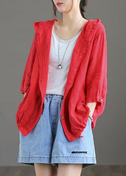French Chocolate Linenhooded SummerPatchwork Shirt Tops