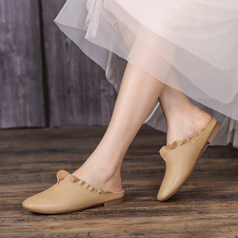 Women Summer Vintage Leather Ruffle Trim Casual Slippers