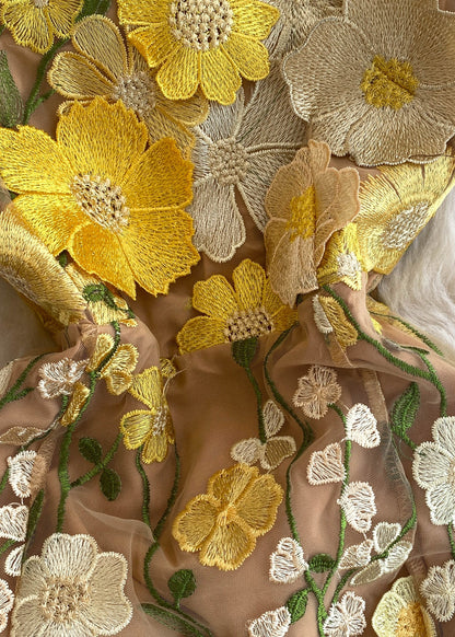 Fitted Yellow Embroidered Floral Tulle Long Dresses Short Sleeve