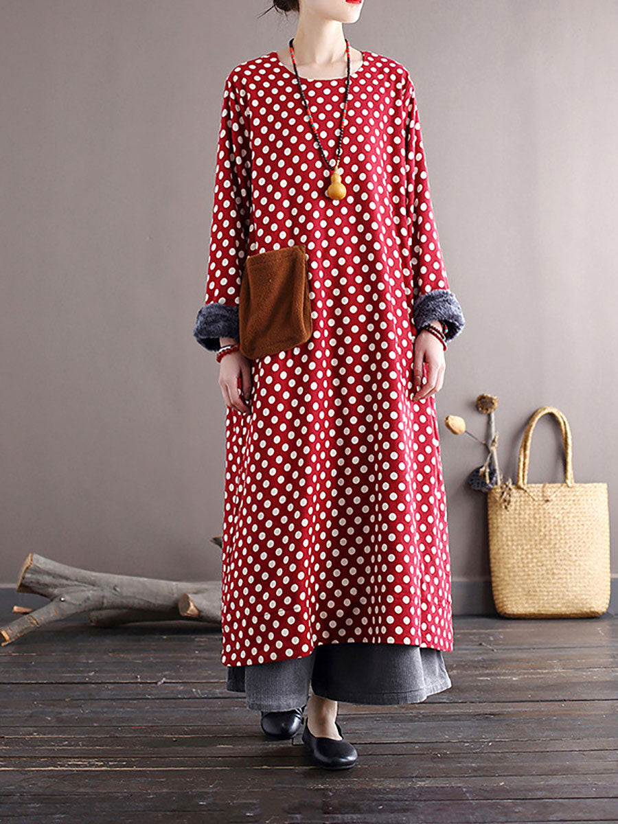 Women Vintage Dot Pocket Loose Thick Dress