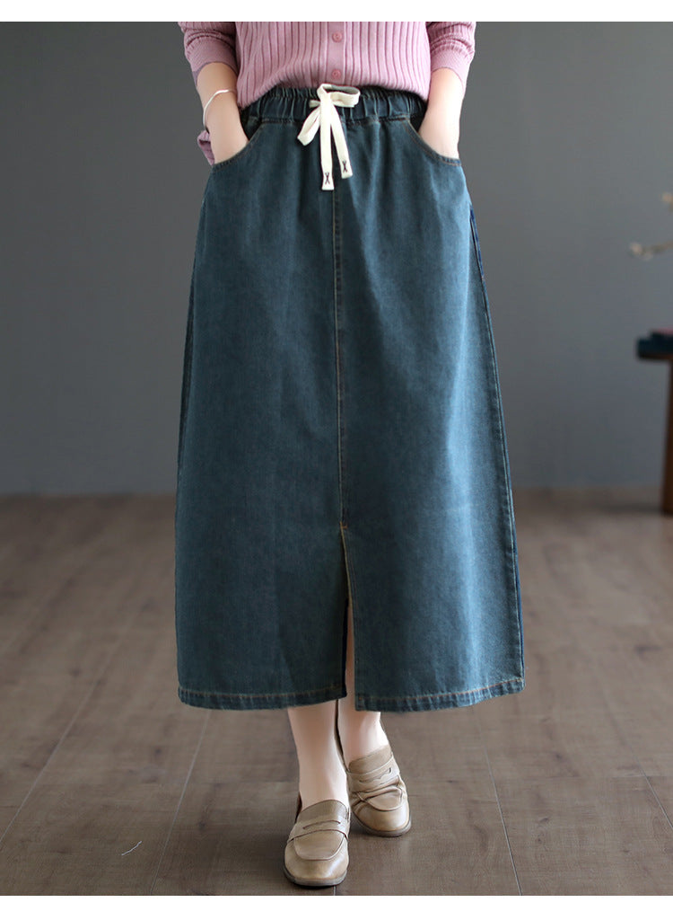 Literary All-Match Slit Denim Skirt