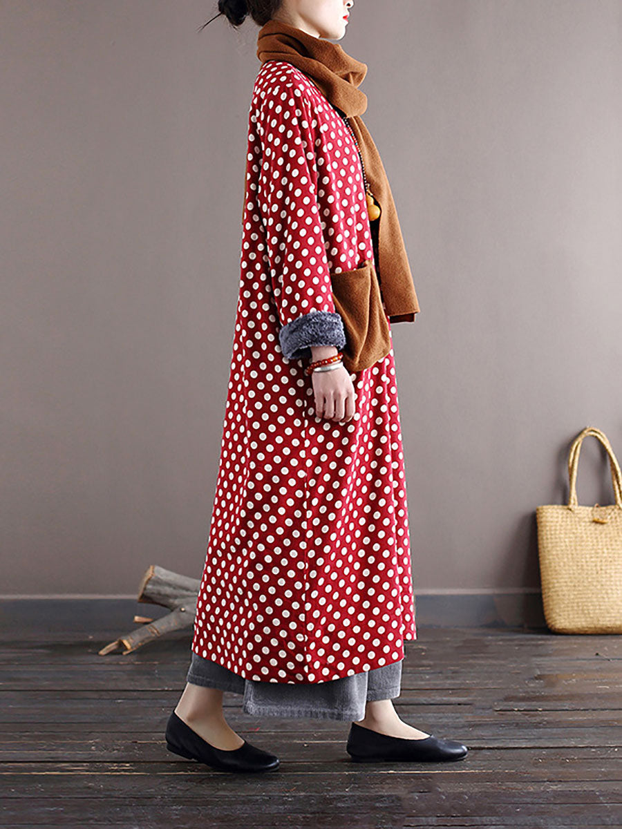Women Vintage Dot Pocket Loose Thick Dress