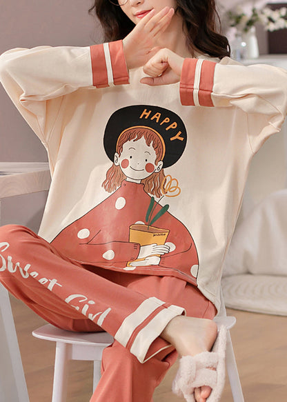 Women Beige Print T Ahirt And Orange Pants Cotton Pajamas Two Pieces Set Fall