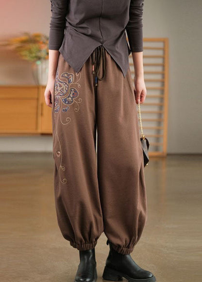 Coffee Oversized Warm Fleece Pants Embroideried Elastic Waist Winter