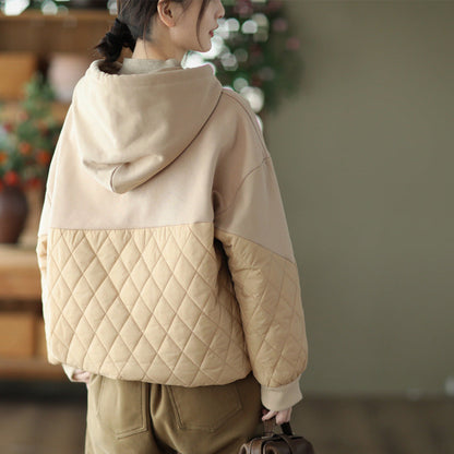 Loose Warm Patchwork Hooded Padded Sweatshirt