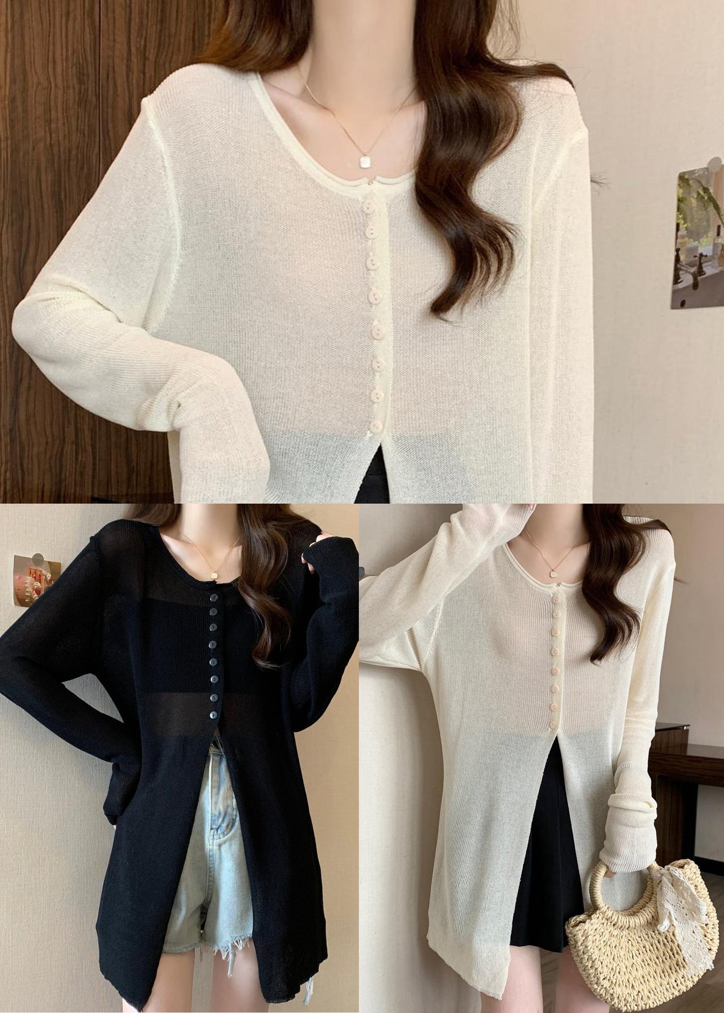 Bohemian Black Side Open Knit Sheer Pullover Fall