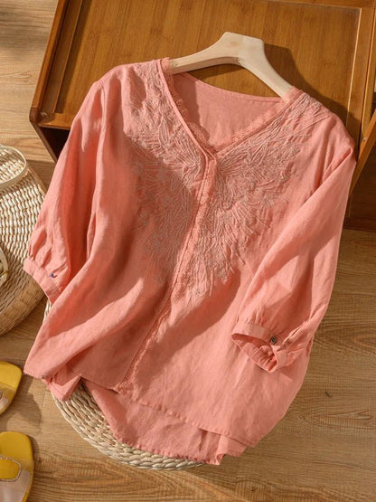 Embroidered V Neck 3/4 Sleeve Casual Linen Tee Top