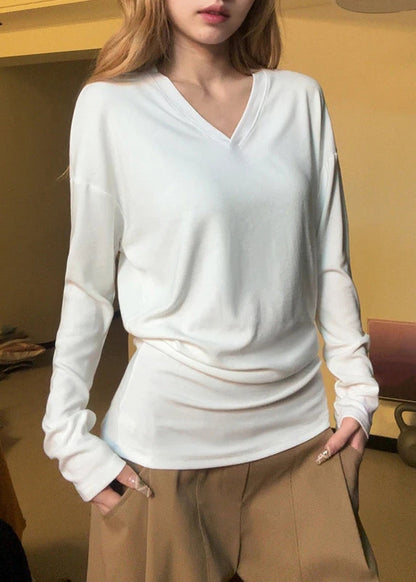 Simple Orange V Neck Solid Cotton T Shirt Fall