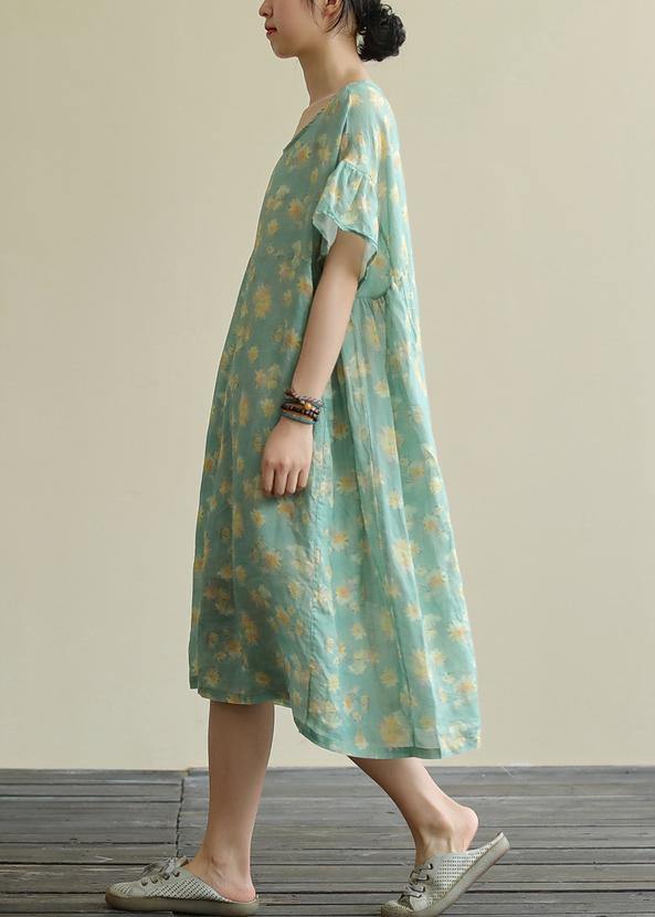 Beautiful green print linen clothes o neck loose summer Dresses