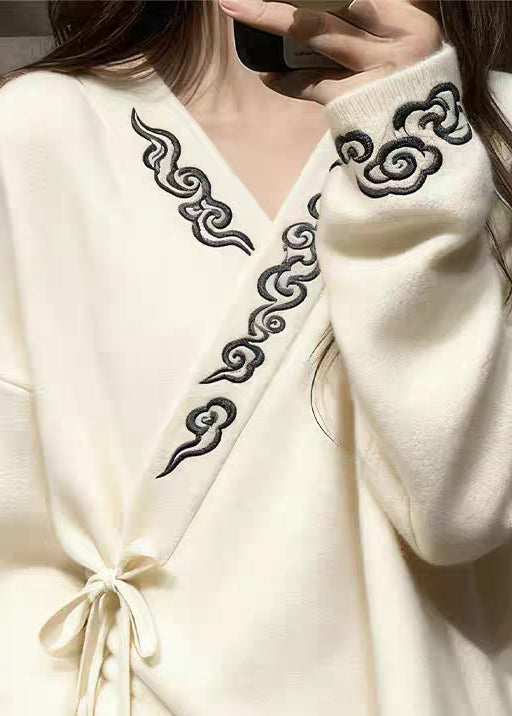 Elegant White V Neck Embroidered Lace Up Knit Sweaters Fall
