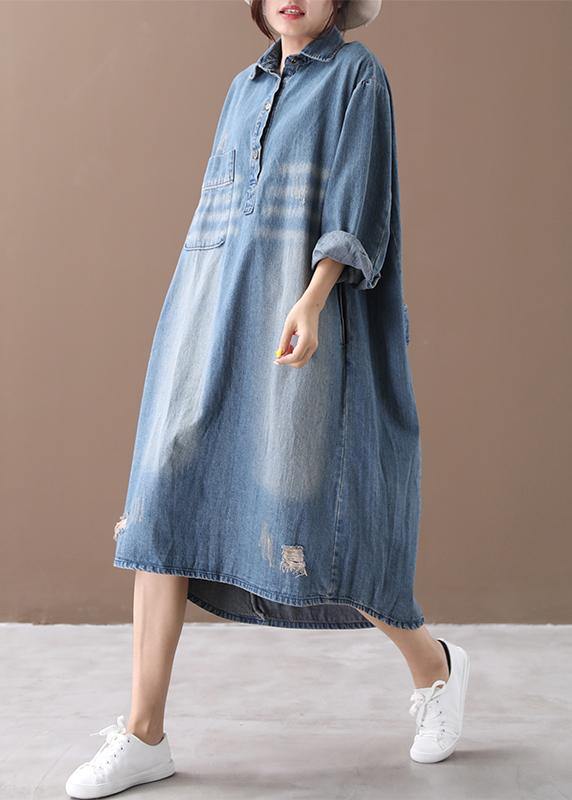 Women lapel Hole  outfit Shape denim blue Dresses