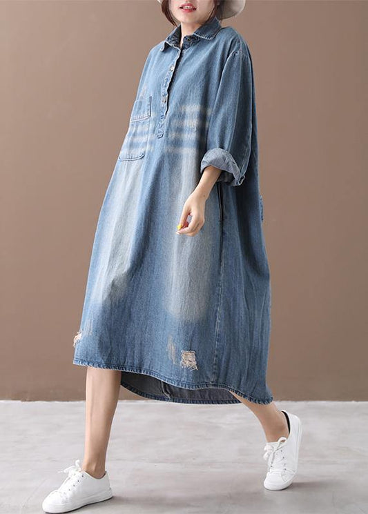Women lapel Hole  outfit Shape denim blue Dresses