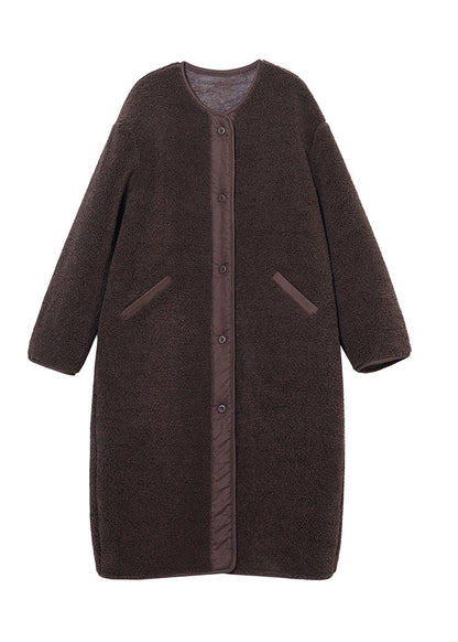 Loose Coffee O-Neck Patchwork Button Pockets  Faux Fur Coats Long Sleeve