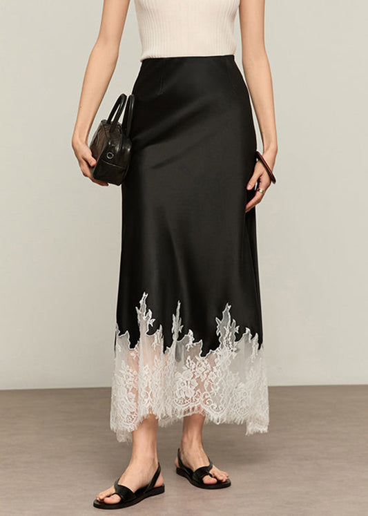 Black Original Design Lace Patchwork Silk Summer Skirt High Waist