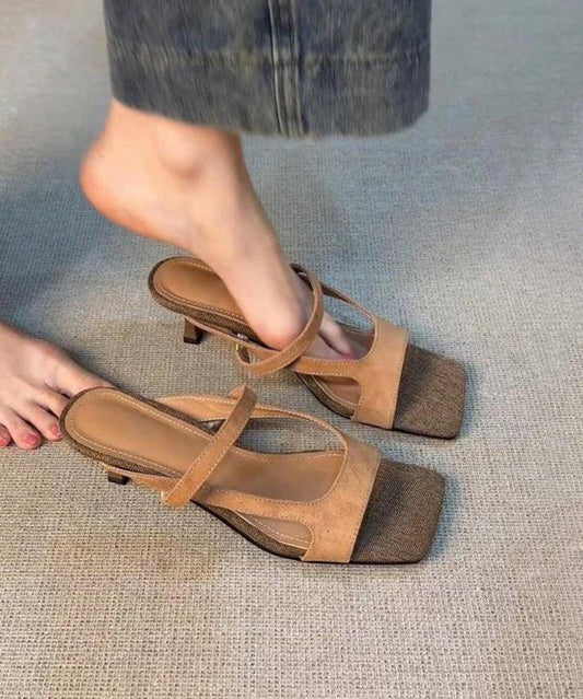 Elegant Splicing High Heel Slide Sandals Brown Suede