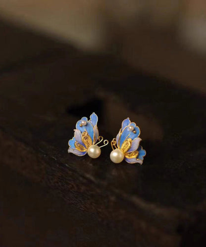 Vintage Blue Sterling Silver Overgild Pearl Butterfly Hollow Out Stud Earrings