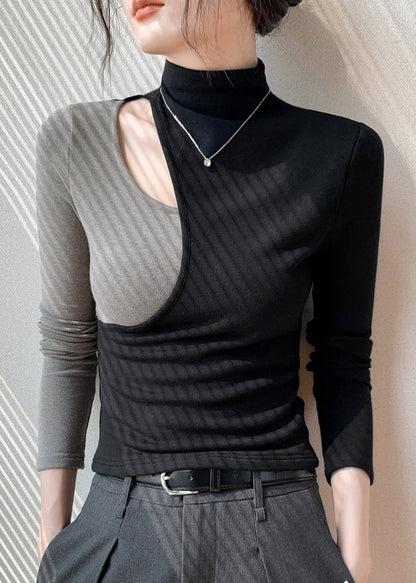 Fashion Black Hign Neck Hollow Out Patchwork Cotton T Shirt Fall