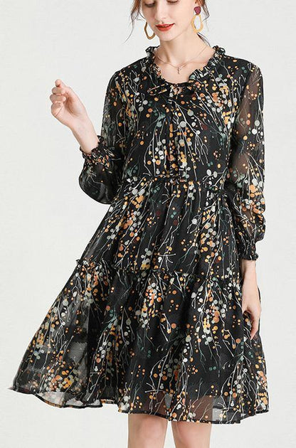 Beautiful Black Yellow Print Bow Party Summer Chiffon Dress