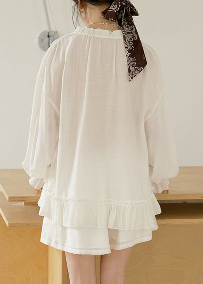 Loose White Ruffled Lace UpCotton Two Pieces Set Butterfly Sleeve
