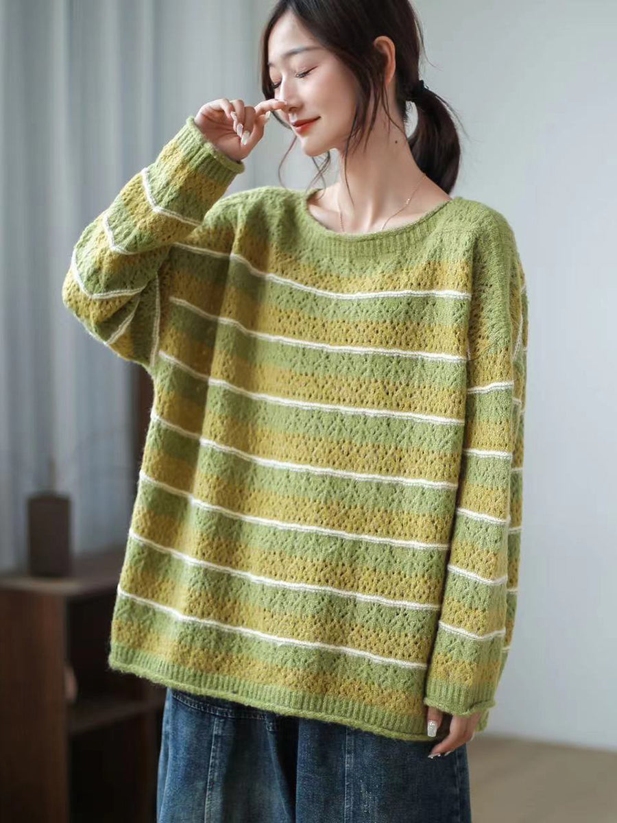 Women Striped Long Sleeve Vintage Loose Sweater