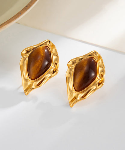 Fashion Brown Copper Asymmetrical Wrinkled Gem Stone Stud Earrings