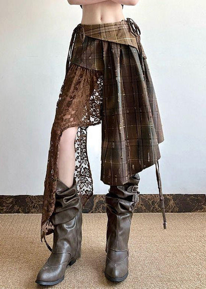 Chic Plaid Asymmetrical Lace Patchwork Cotton Skirt Summer