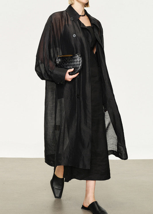 New Black Button Pockets Solid Linen Silk Long Trench Coat Batwing Sleeve
