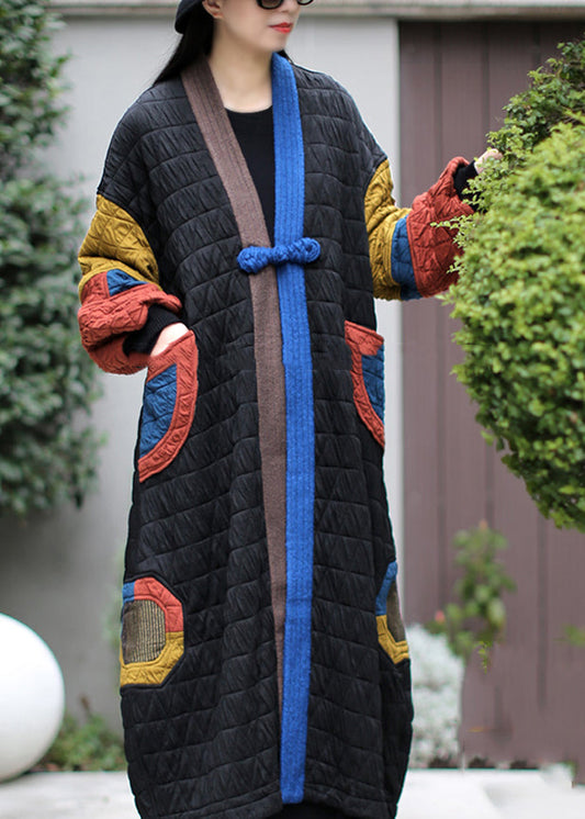 Art Black Chinese Button Patchwork Fine Cotton Filled Trench Winter