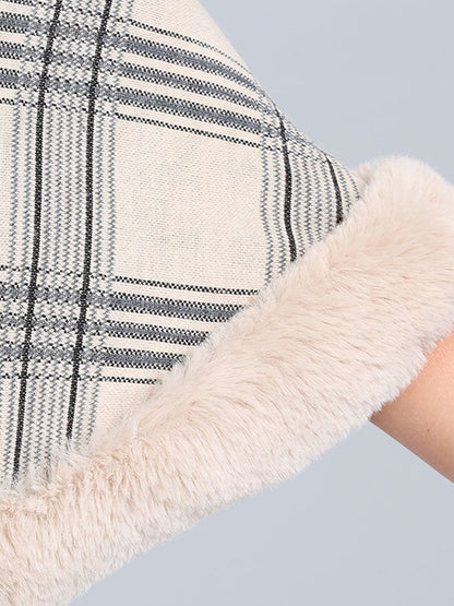 Women Poncho Wrap Faux Fur Collar Double Layer
