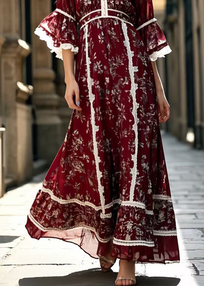 Chic Mulberry Print Lace Patchwork Silk Long Dress Summer