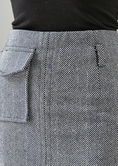 Elegant Grey Striped Pocket Cotton Wraped Skirts Fall