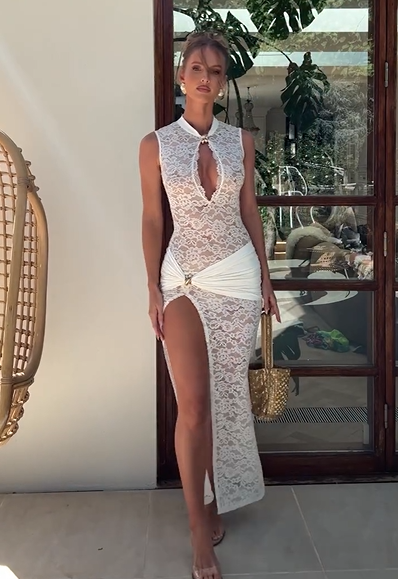 White Lace Qipao-Style High-Slit Maxi Dress